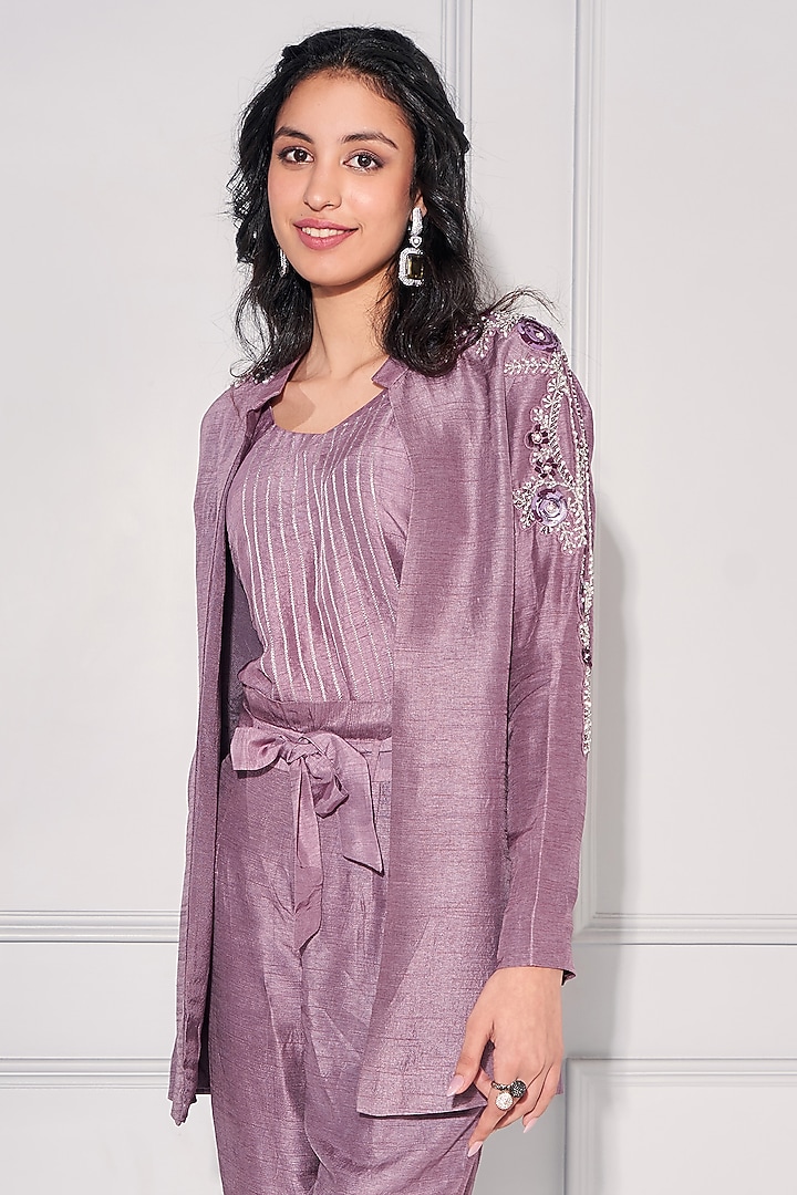 Iris Purple Dupion Silk Embroidered Jacket Set by KRESSA at Pernia's Pop Up Shop