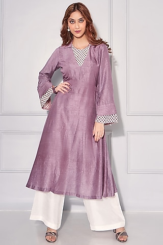 Iris Purple Dupion Silk Embroidered Kurta Set by KRESSA