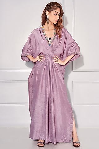 Iris Purple Dupion Silk Embroidered Kaftan by KRESSA