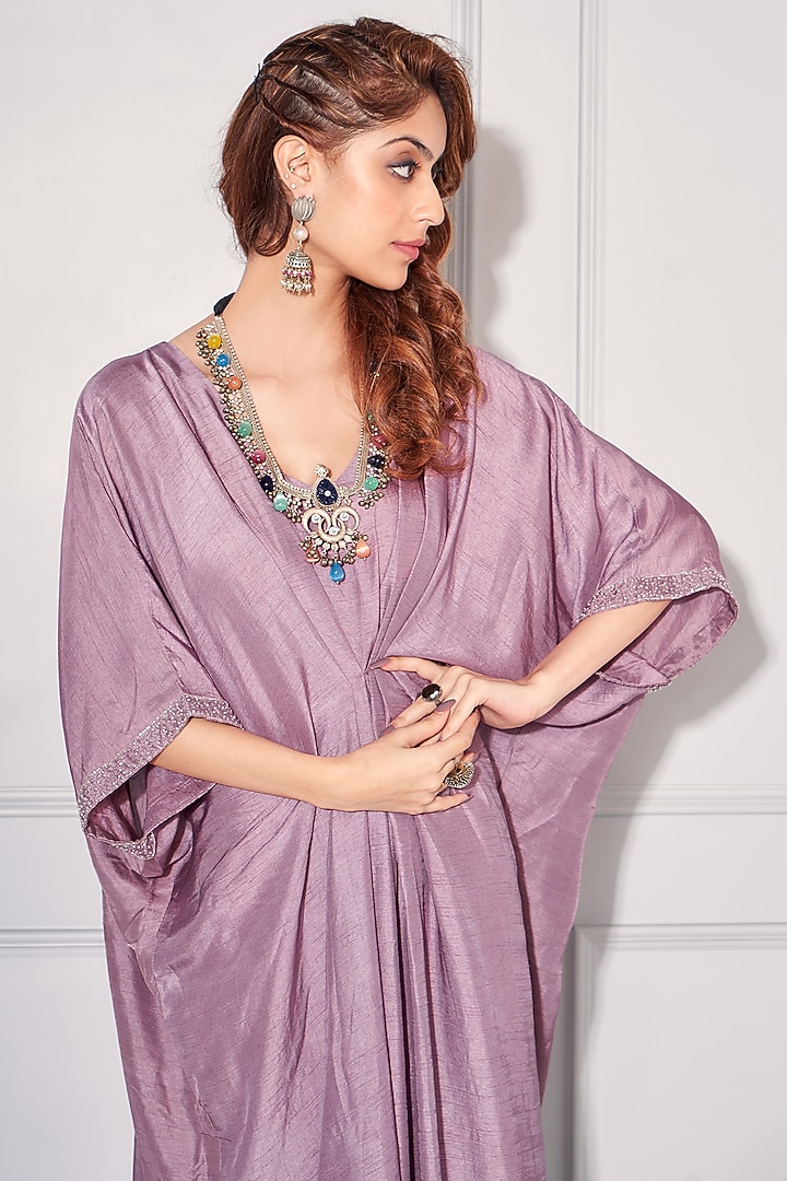 Iris Purple Dupion Silk Embroidered Kaftan by KRESSA at Pernia's Pop Up Shop