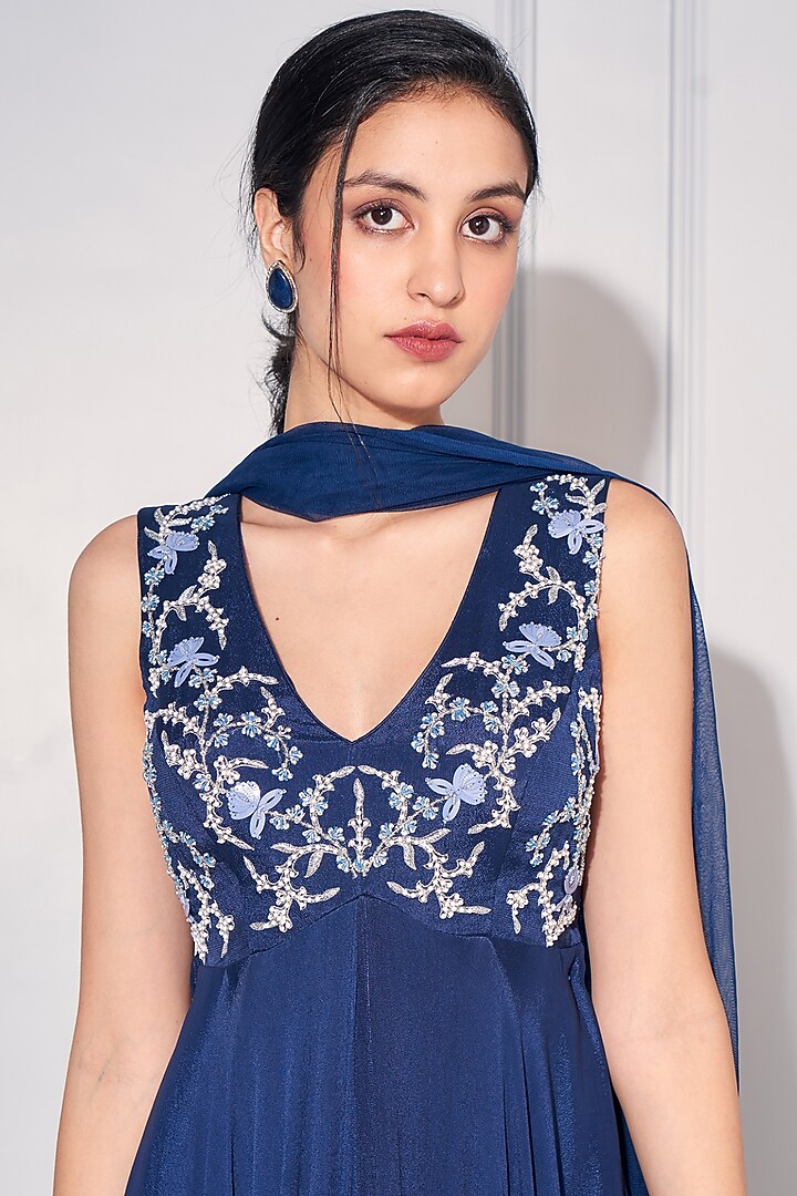 Midnight Blue Embellished Party Wear Anarkali Set by KRESSA at Pernia's Pop Up Shop