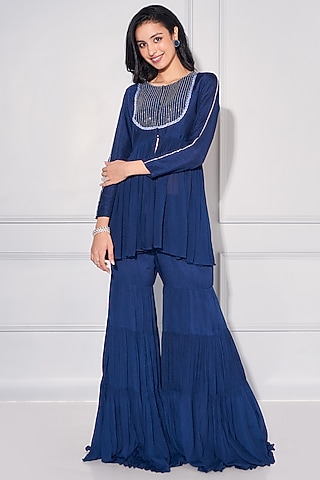 Midnight Blue Crepe Georgette Sharara Set by KRESSA