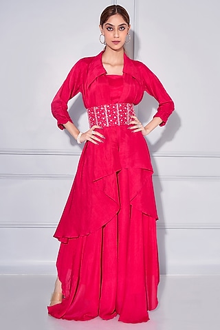 Carmine Red Crepe Georgette Pant Set by KRESSA