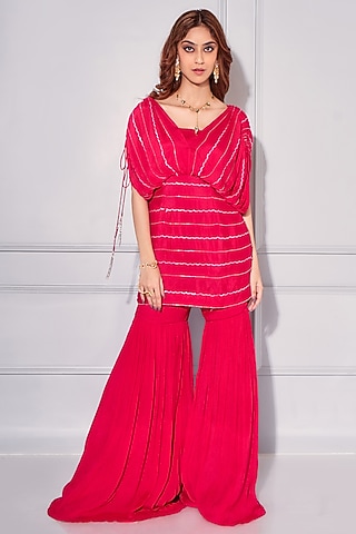 Carmine Red Crepe Georgette Sharara Set by KRESSA