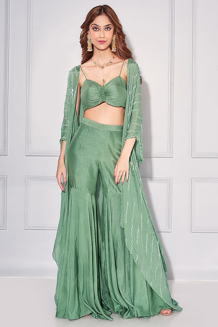 Sage Green Dupion Silk Sharara Set by KRESSA at Pernia's Pop Up Shop