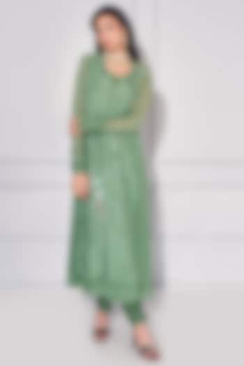 Sage Green Mul & Dupion Silk Anarkali Set by KRESSA at Pernia's Pop Up Shop