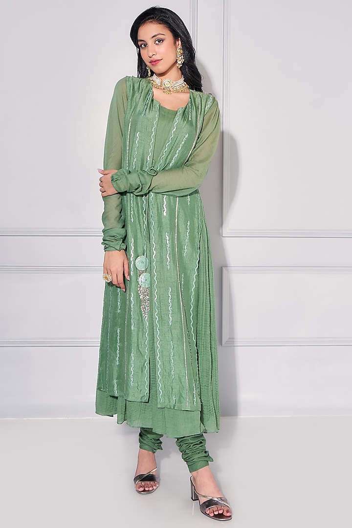 Sage Green Mul & Dupion Silk Anarkali Set by KRESSA at Pernia's Pop Up Shop