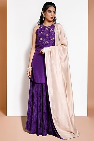 Royal Purple Crushed Lehenga Set by KRESSA