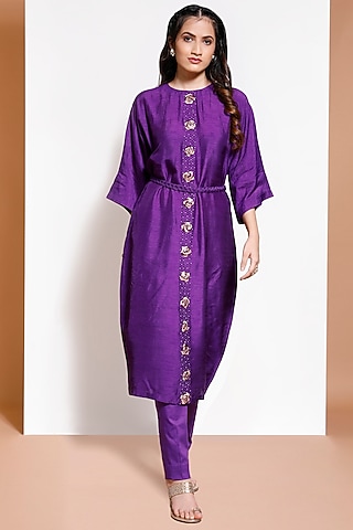 Purple Hand Embroidered Kurta Set by KRESSA