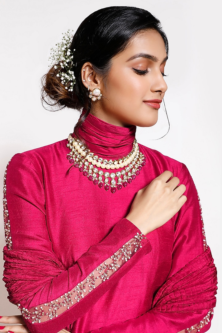 Cherry Red Embellished Kurta Set by KRESSA at Pernia's Pop Up Shop
