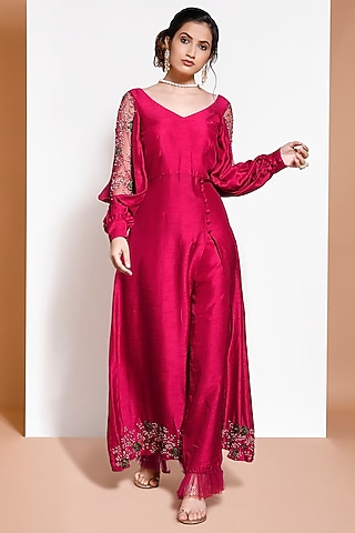 Cherry Red Embroidered A-Line Kurta Set by KRESSA