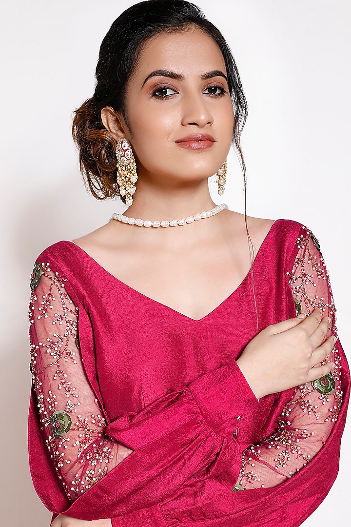 Cherry Red Embroidered A-Line Kurta Set by KRESSA at Pernia's Pop Up Shop