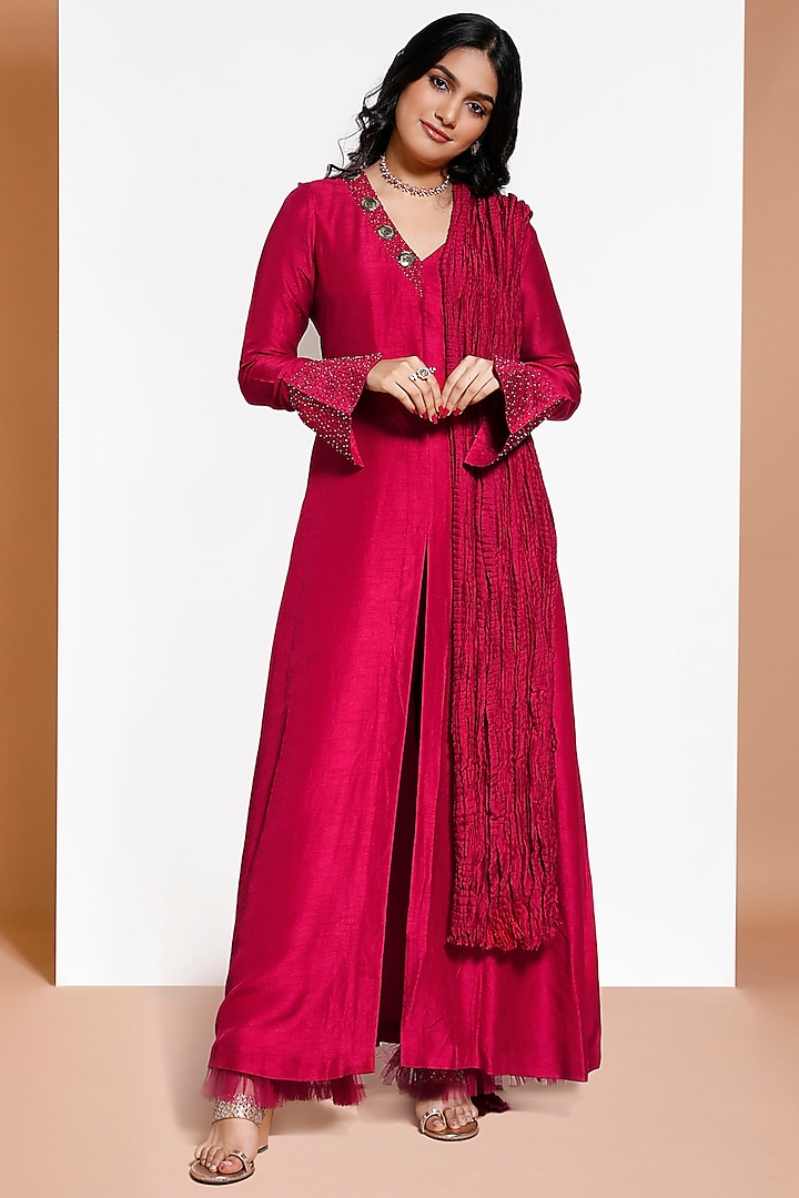 Cherry Red Sherwani Kurta Set by KRESSA at Pernia's Pop Up Shop