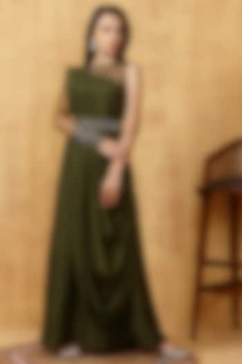 Military Green Draped Gown With Embellished Belt by KRESSA