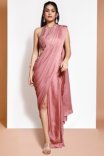 Dusty Pink Crepe Pre-Draped Party Wear Saree Set by KRESSA at Pernia's Pop Up Shop