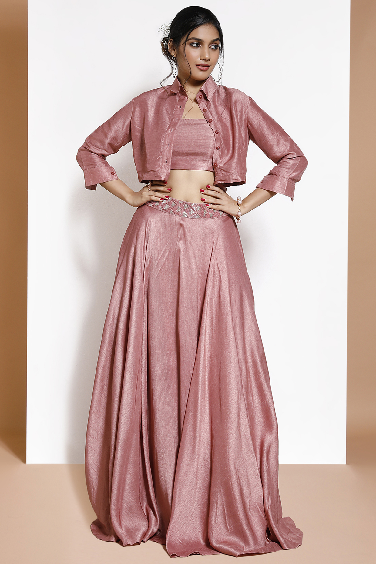 Dusty Pink Lehenga Set With Embellished Belt by KRESSA at Pernia's Pop Up Shop