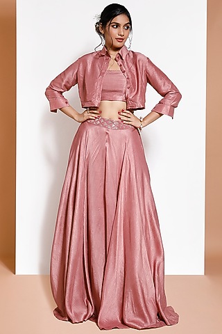 Dusty Pink Lehenga Set With Embellished Belt by KRESSA