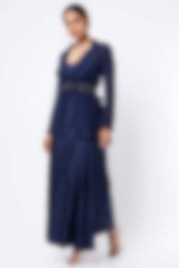 Midnight Blue Silk Jacquard Draped Skirt Set by KRESSA