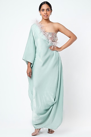 Mint Green Satin Velvet Cape Set by KRESSA