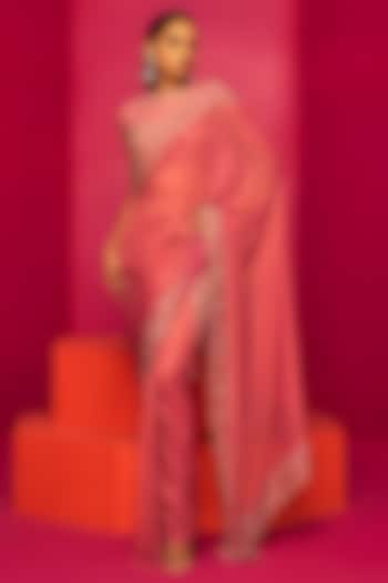 Blush Pink Georgette Pre-Draped Saree Set by Krisha Sunny Ramani