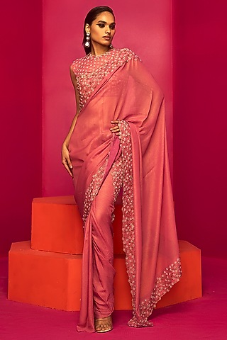 Blush Pink Georgette Pre-Draped Saree Set by Krisha Sunny Ramani