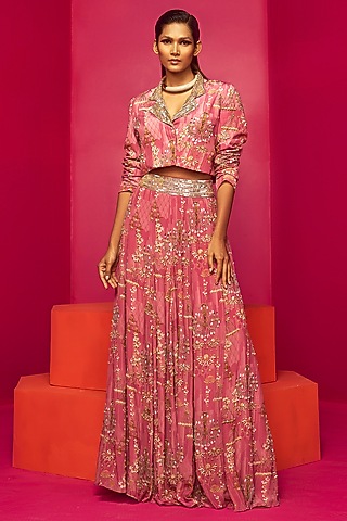 Blush Pink Georgette & Crepe Hand Embroidered Jacket Lehenga Set by Krisha Sunny Ramani