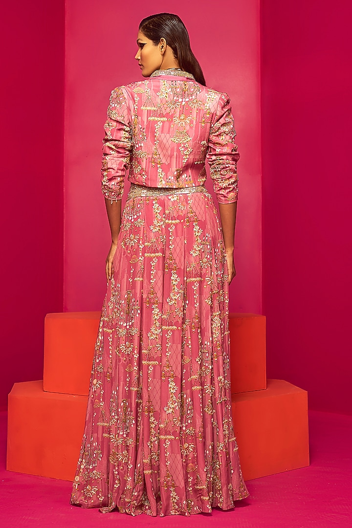 Blush Pink Georgette & Crepe Hand Embroidered Jacket Wedding Lehenga Set by Krisha Sunny Ramani at Pernia's Pop Up Shop