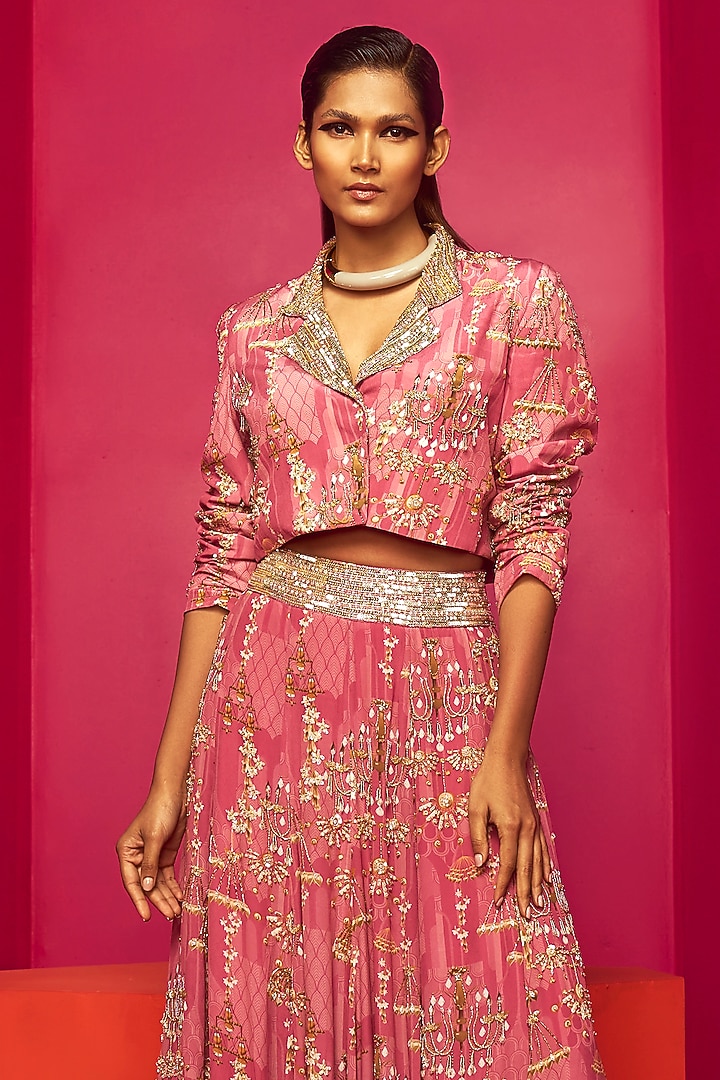 Blush Pink Georgette & Crepe Hand Embroidered Jacket Wedding Lehenga Set by Krisha Sunny Ramani at Pernia's Pop Up Shop