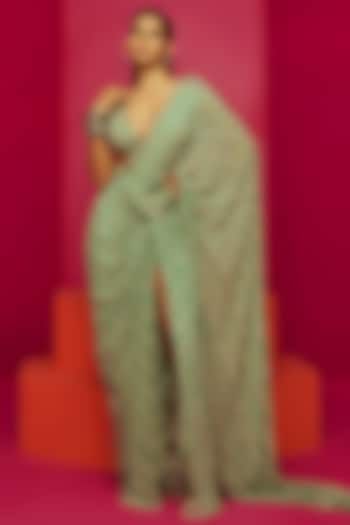 Mint Green Georgette Pre-Stitched Saree Set by Krisha Sunny Ramani