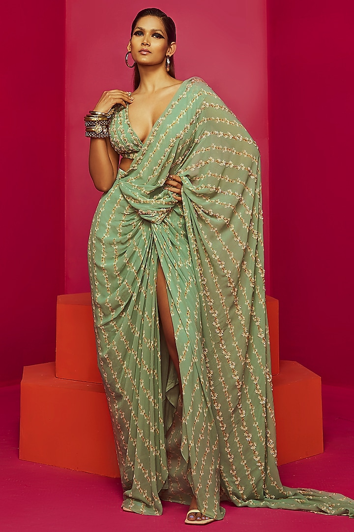 Mint Green Georgette Pre-Stitched Saree Set by Krisha Sunny Ramani