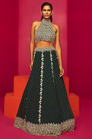 Green Crepe Hand Embroidered Lehenga Set by Krisha Sunny Ramani