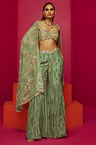 Mint Green Georgette & Crepe Gharara Set by Krisha Sunny Ramani