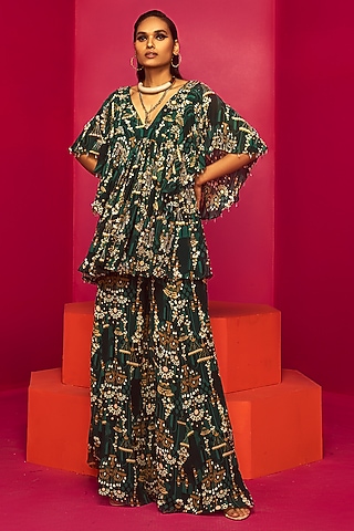 Green Georgette Sharara Set by Krisha Sunny Ramani