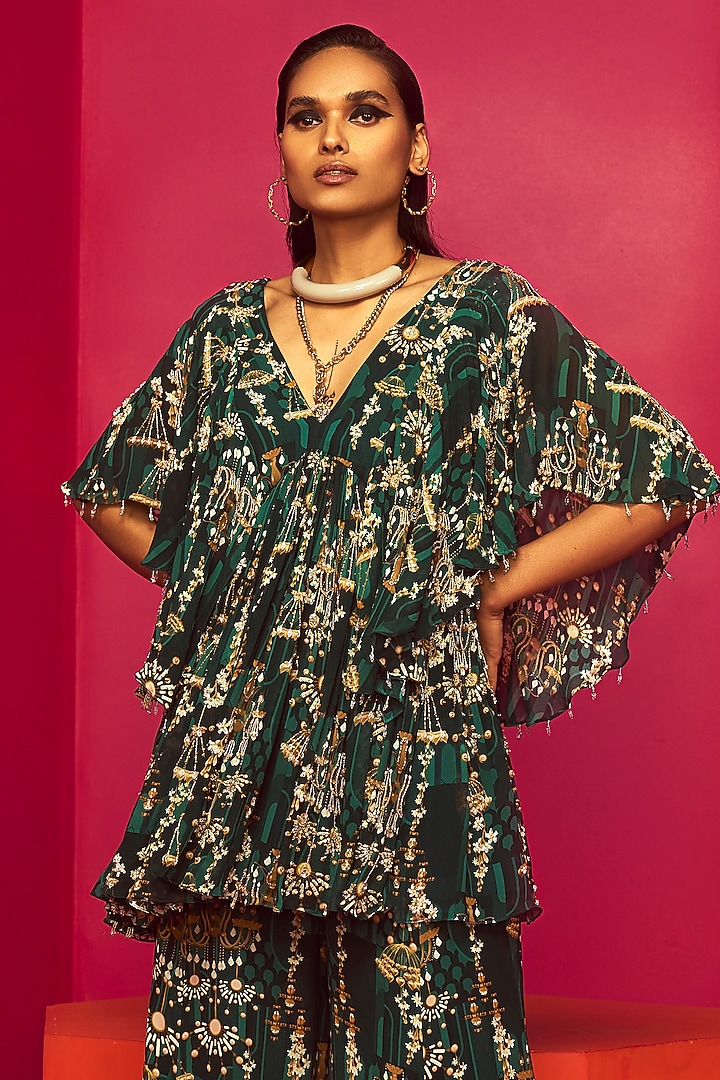 Green Georgette Wedding Sharara Set by Krisha Sunny Ramani at Pernia's Pop Up Shop