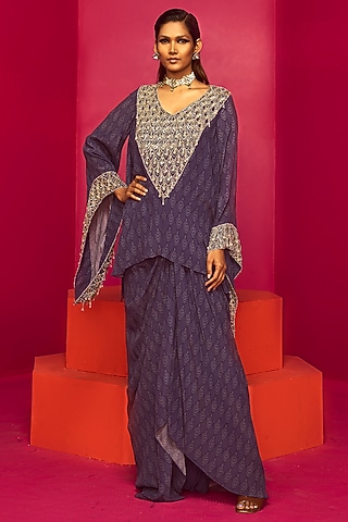 Purple Crepe Hand Embroidered Kurta Set by Krisha Sunny Ramani