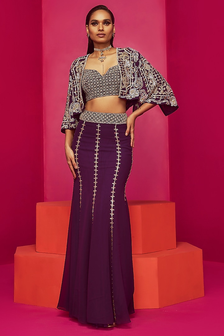 Purple Georgette Skirt Set by Krisha Sunny Ramani