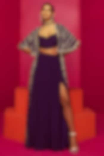 Purple Georgette & Crepe Skirt Set by Krisha Sunny Ramani