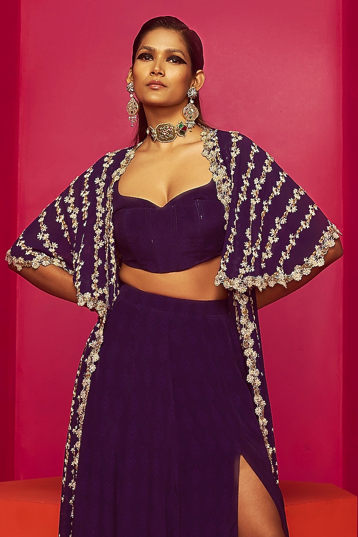 Purple Georgette & Crepe Skirt Set by Krisha Sunny Ramani at Pernia's Pop Up Shop