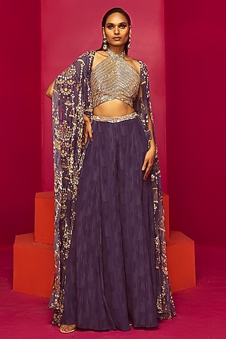 Purple Georgette & Crepe Sharara Set by Krisha Sunny Ramani