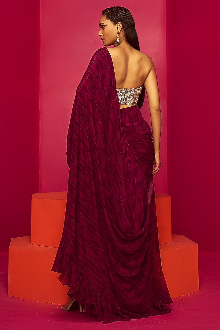 Purple Crepe Pre-Stitched Wedding Saree Set by Krisha Sunny Ramani at Pernia's Pop Up Shop