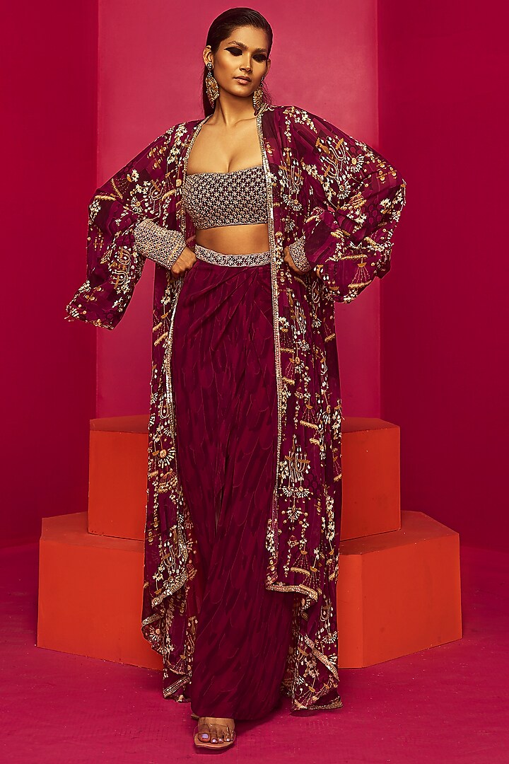 Purple Georgette & Crepe Skirt Set by Krisha Sunny Ramani