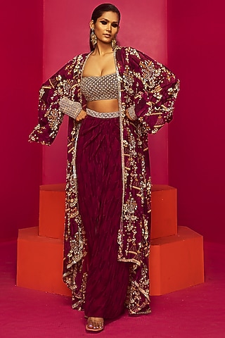 Purple Georgette & Crepe Skirt Set by Krisha Sunny Ramani