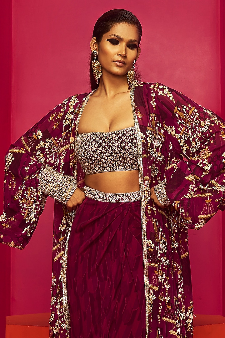 Purple Georgette & Crepe Skirt Set by Krisha Sunny Ramani at Pernia's Pop Up Shop
