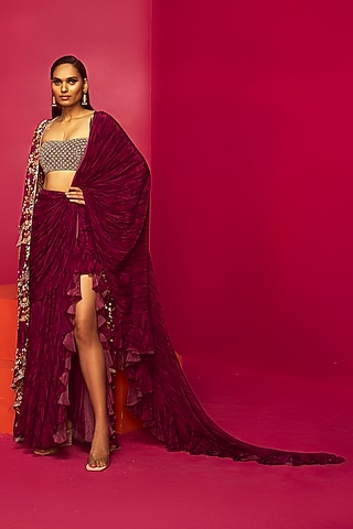 Purple Georgette & Crepe Pre-Draped Saree Set by Krisha Sunny Ramani