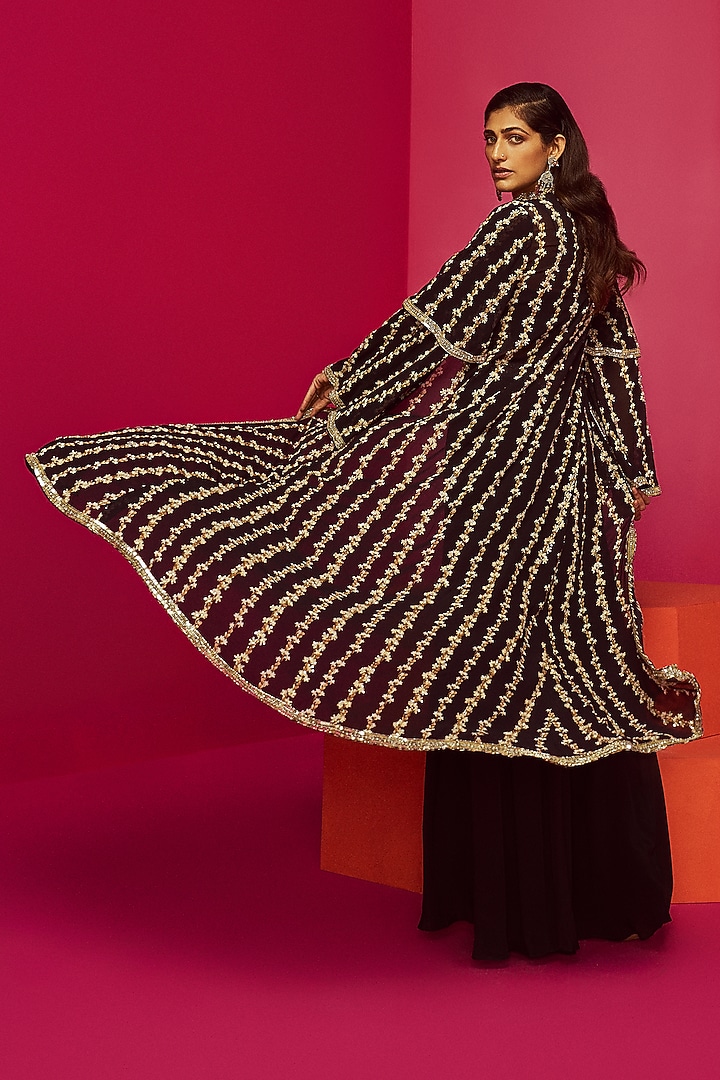 Black Georgette & Crepe Wedding Sharara Set by Krisha Sunny Ramani at Pernia's Pop Up Shop