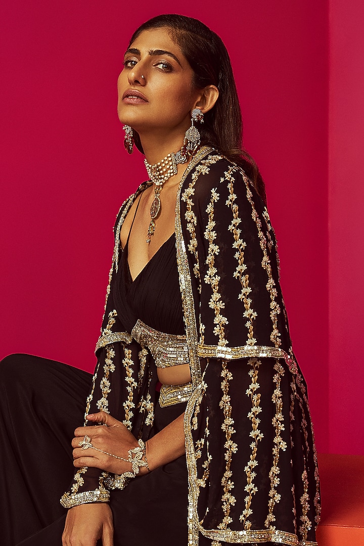 Black Georgette & Crepe Wedding Sharara Set by Krisha Sunny Ramani at Pernia's Pop Up Shop