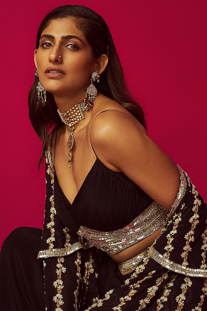 Black Georgette & Crepe Wedding Sharara Set by Krisha Sunny Ramani at Pernia's Pop Up Shop