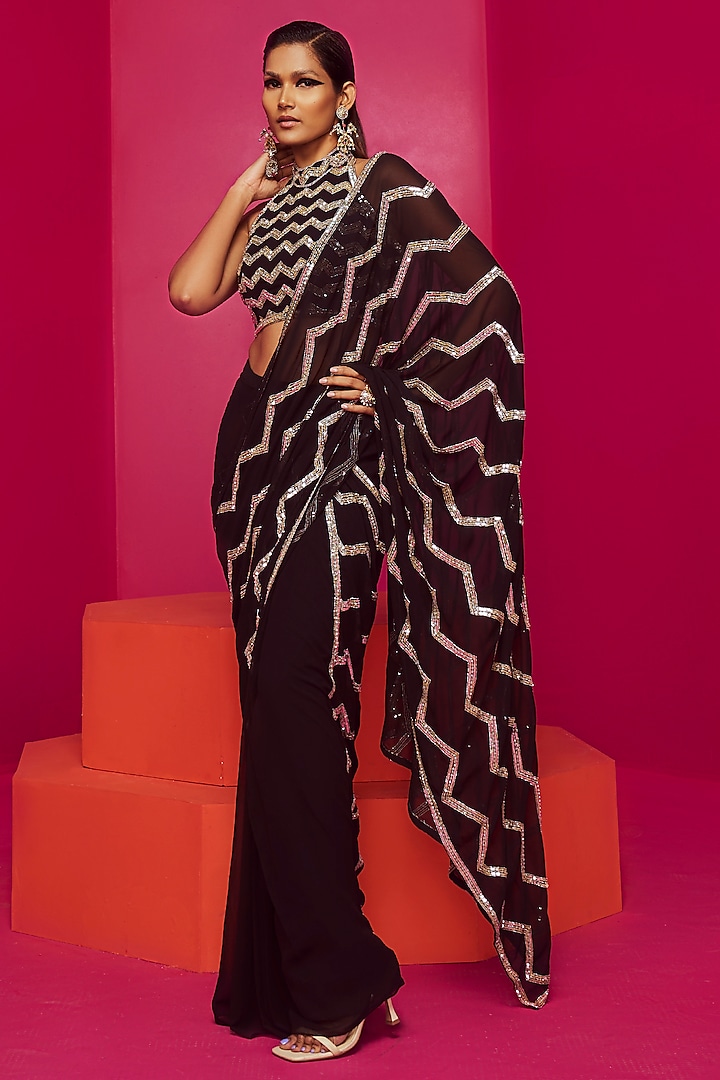 Black Georgette Hand Embroidered Pre-Draped Saree Set by Krisha Sunny Ramani