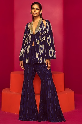 Navy Blue Crepe Hand Embroidered Co-Ord Set by Krisha Sunny Ramani