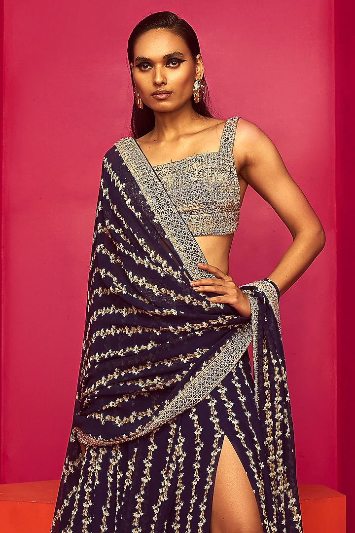 Blue Georgette Hand Embroidered Skirt Set by Krisha Sunny Ramani at Pernia's Pop Up Shop